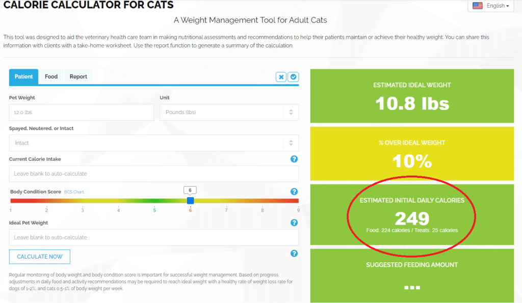 This shows what to enter using online calculator for cats.