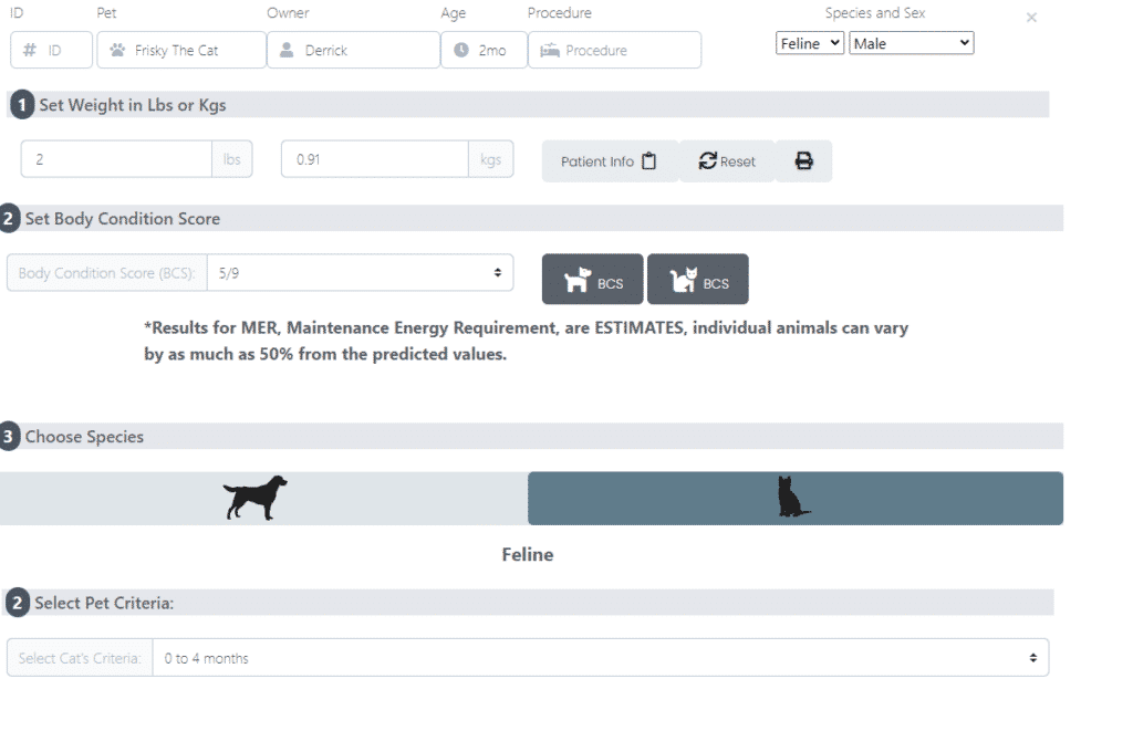 An image showing how to to use a kitten nutrition feeding calculator.