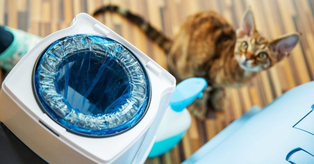 Disposing of cat litter waste.