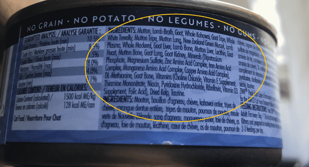 The ingredient list on Ziwi Peak East Cape cat food.