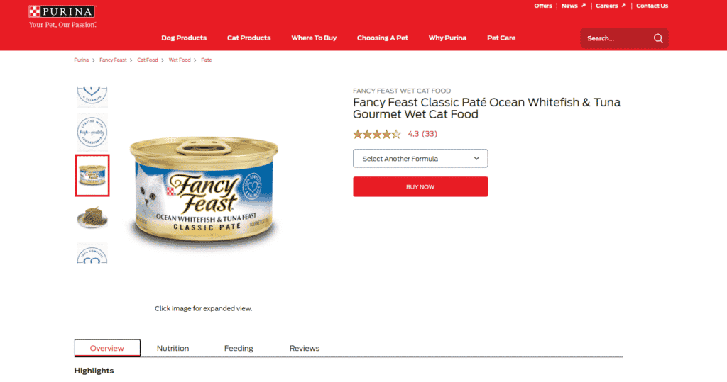 Instructions for finding the ingredients for Fancy Feast cat food.