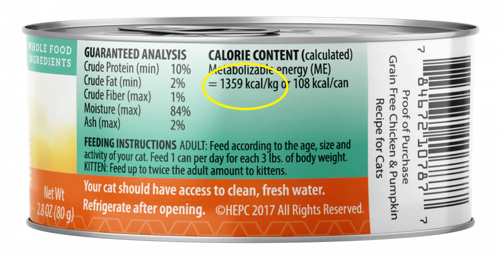 Look for the 'kcal/kg' part of the cat food label under CALORIE CONTENT. This shows you how calorie dense the food is. Use this to compare and help find the best indoor cat foods.