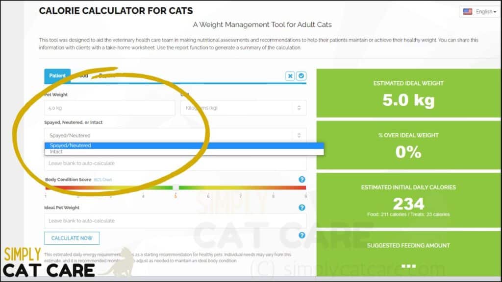 A calorie calculator for cats. Select neutered or intact from the drop down menu.