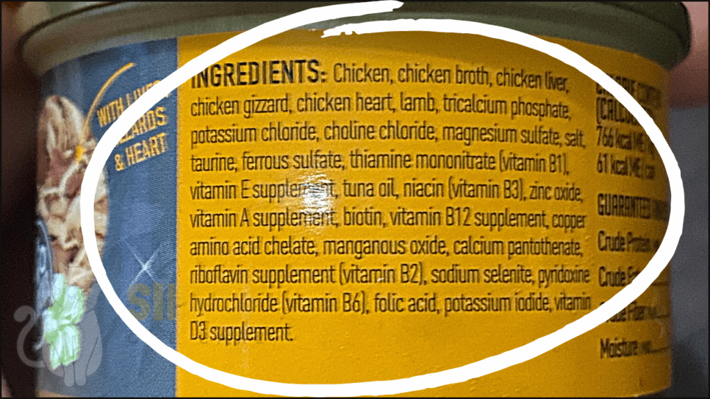 Cat food ingredient list.