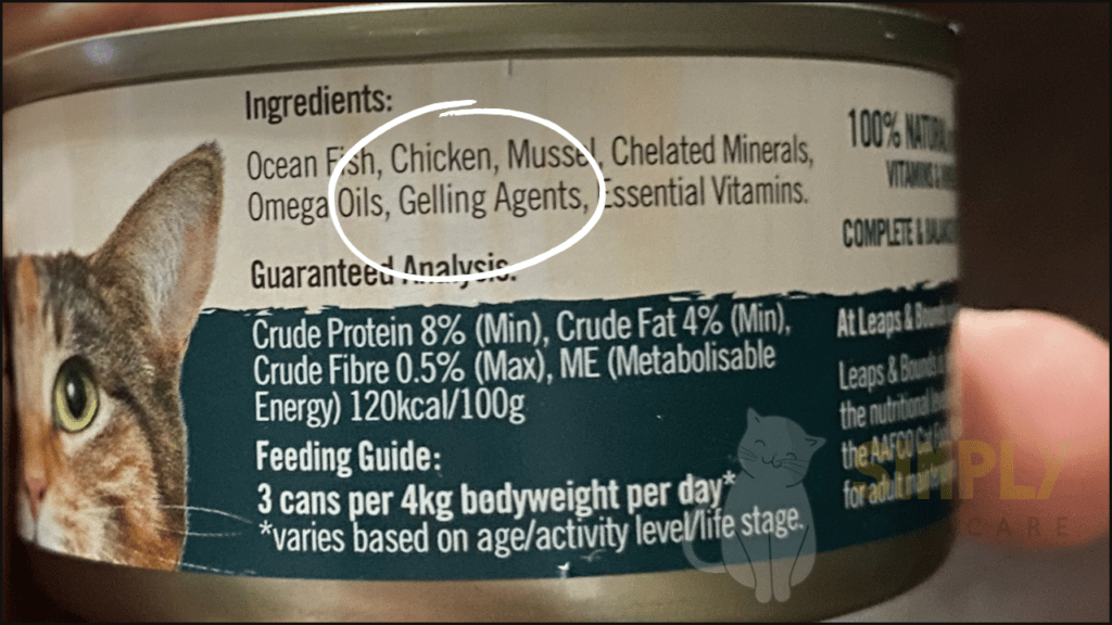 A cat food ingredient list which includes gelling agents, a possible source of carrageenan