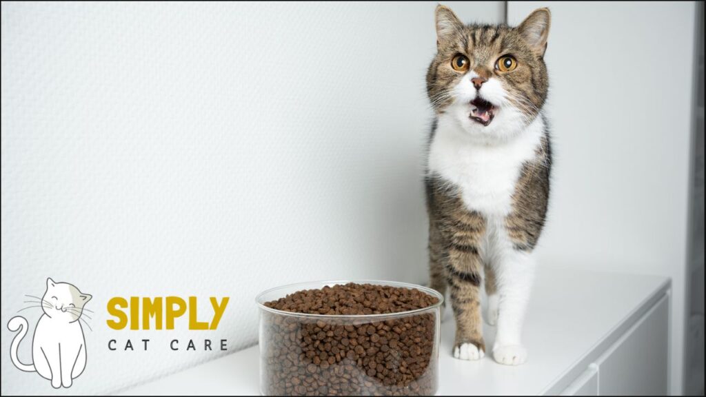 A cat with dry cat food.