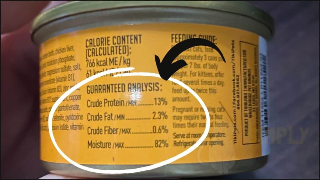 Checking the guaranteed analysis of a cat food label.