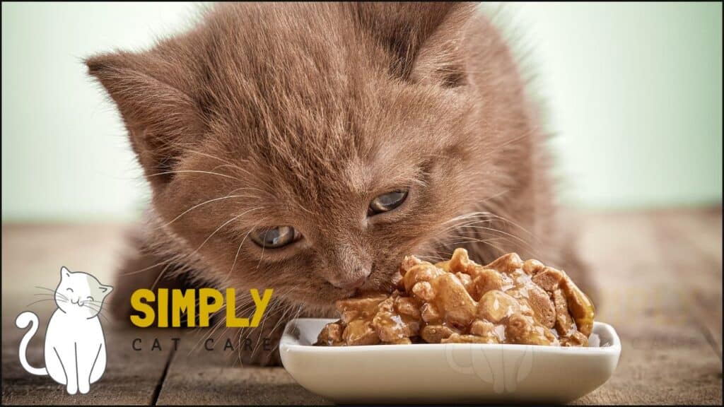 A kitten eating wet cat food.