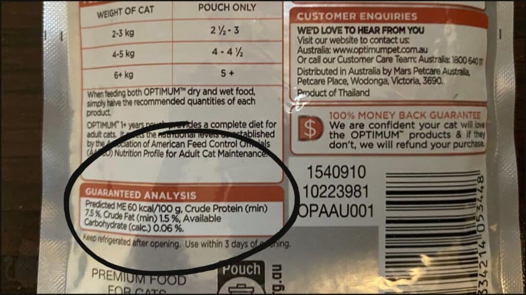 A guaranteed analysis on a cat food label