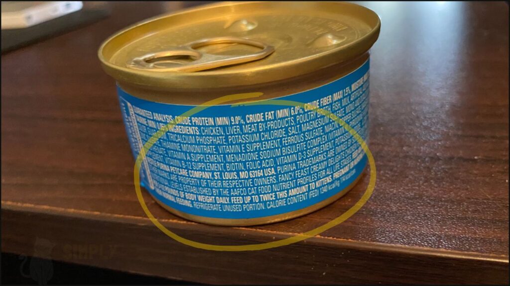 A canned cat food with feeding guidelines