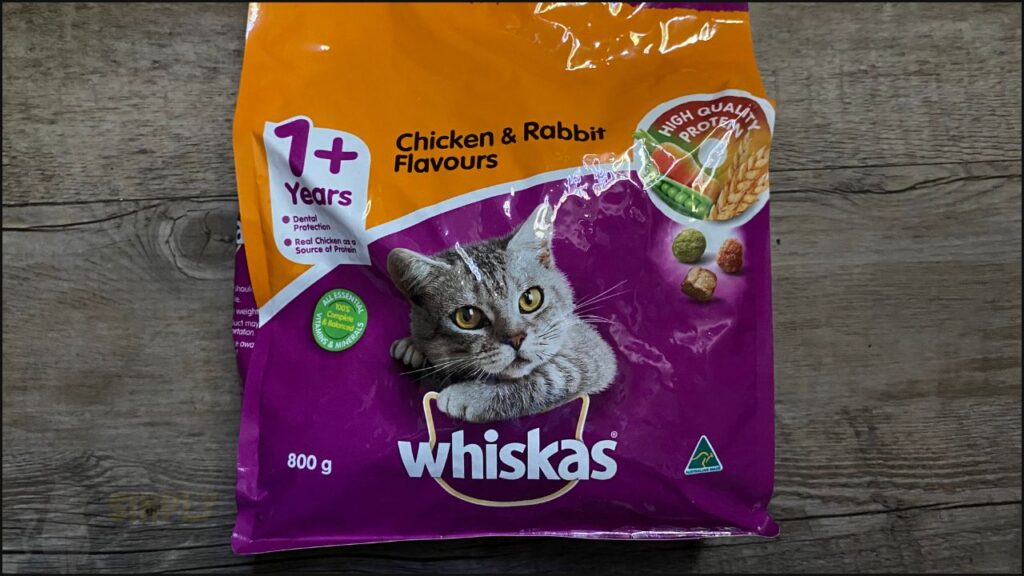 Front of Whiskas dry cat food