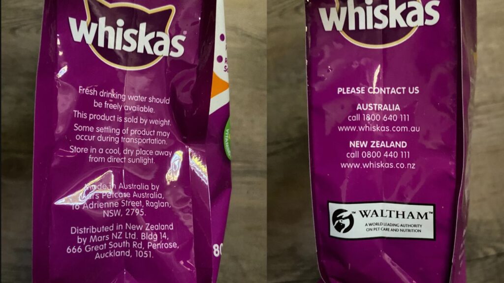 Side panels of Whiskas dry cat food