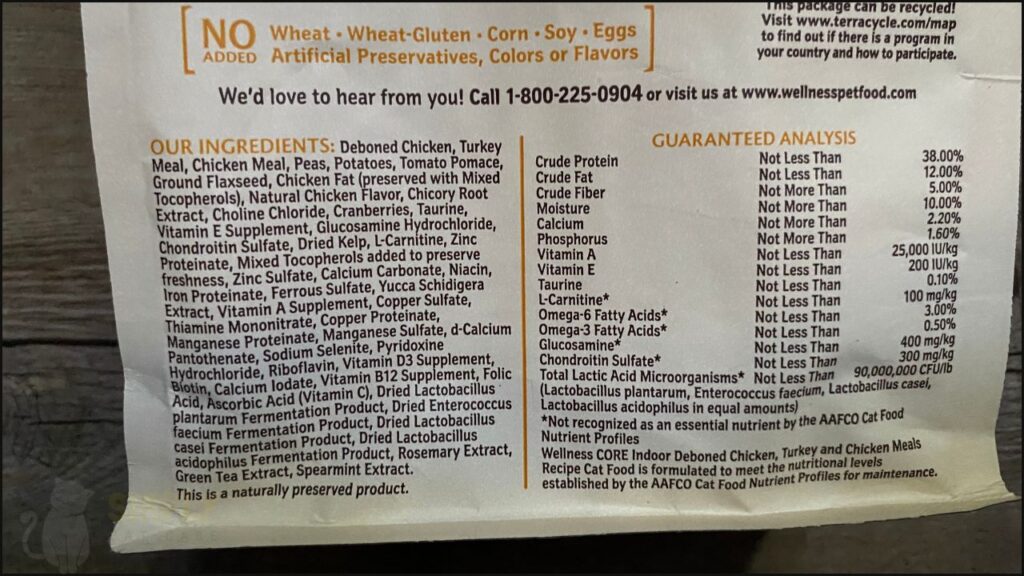 Ingredients list for Wellness Core indoor dry cat food