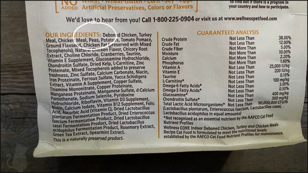 A photo of a cat food ingredient list, highlighting pea
