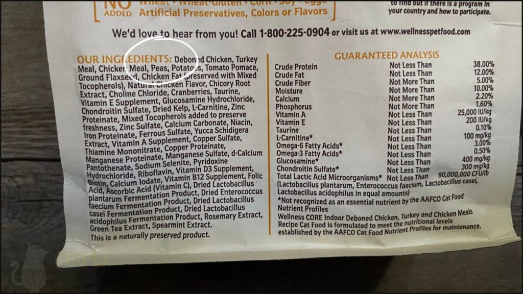 A photo of a cat food ingredient list, highlighting pea.