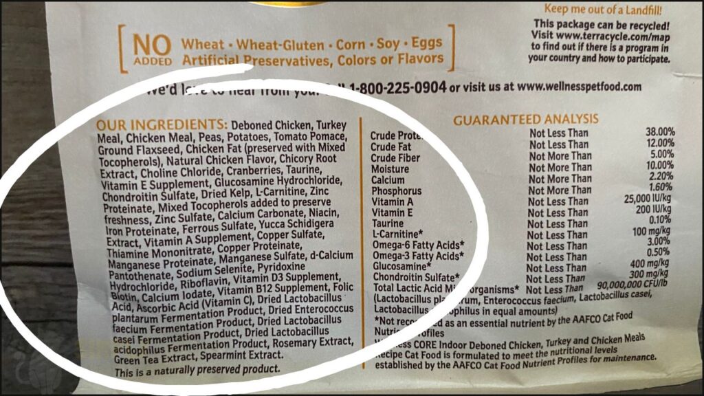 An ingredient list for a dry cat food