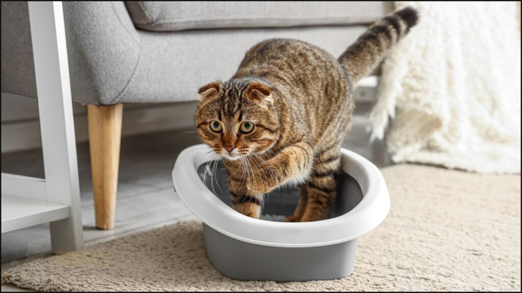 A cat using a litter box