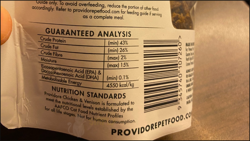 Guaranteed analysis for Providore cat food