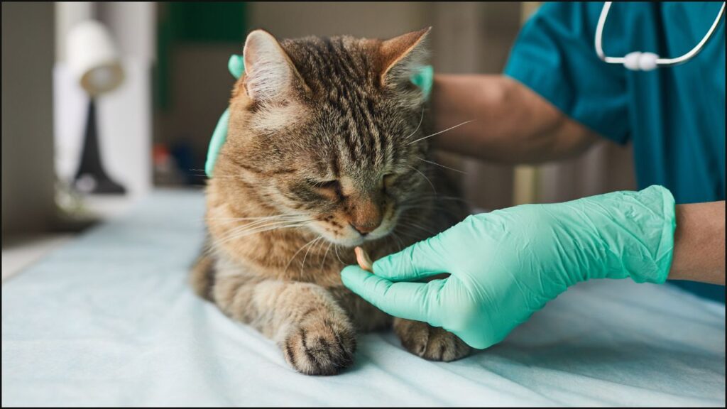 A cat receiving a supplement