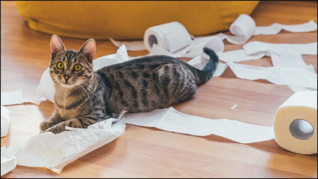 A cat with toilet paper