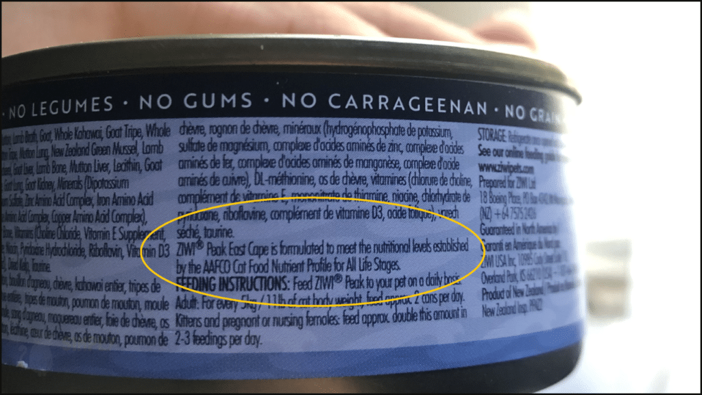 A statement of nutritional adequacy on a cat food