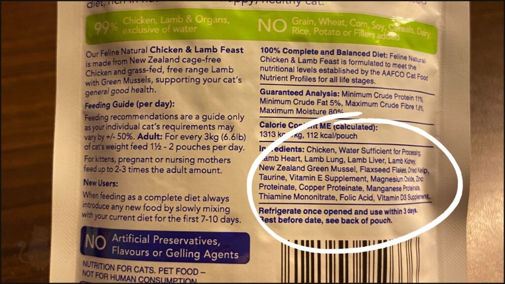 An ingredient list on a wet cat food label