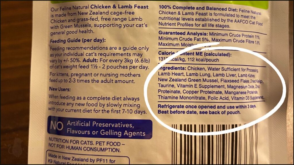 Ingredients list for Feline Natural Chicken & Lamb