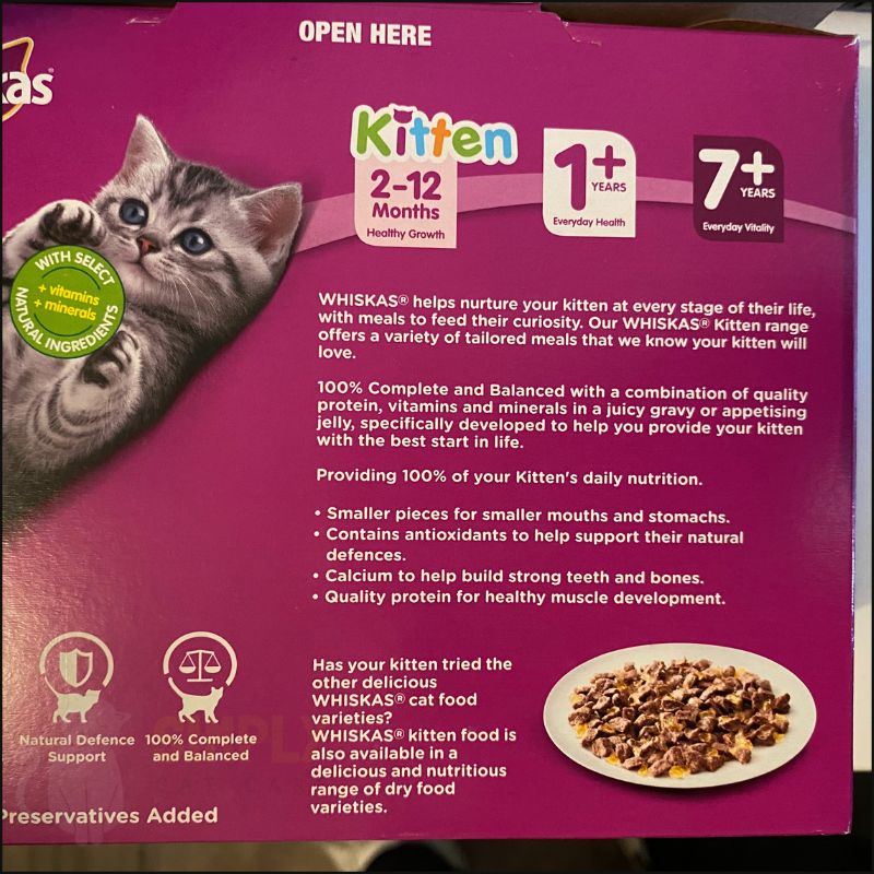 Whiskas kitten wet food back label