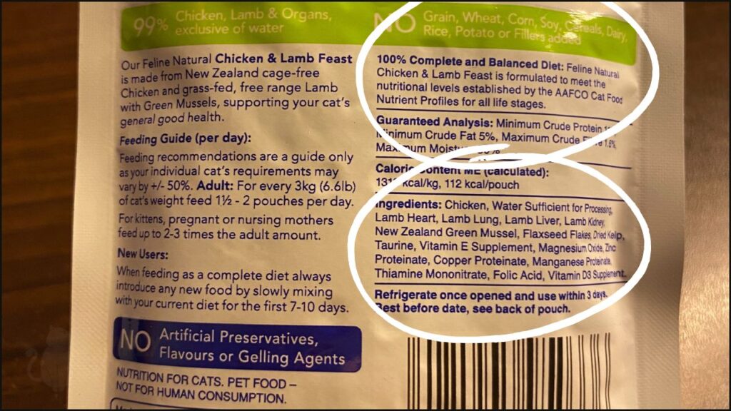 A cat food label