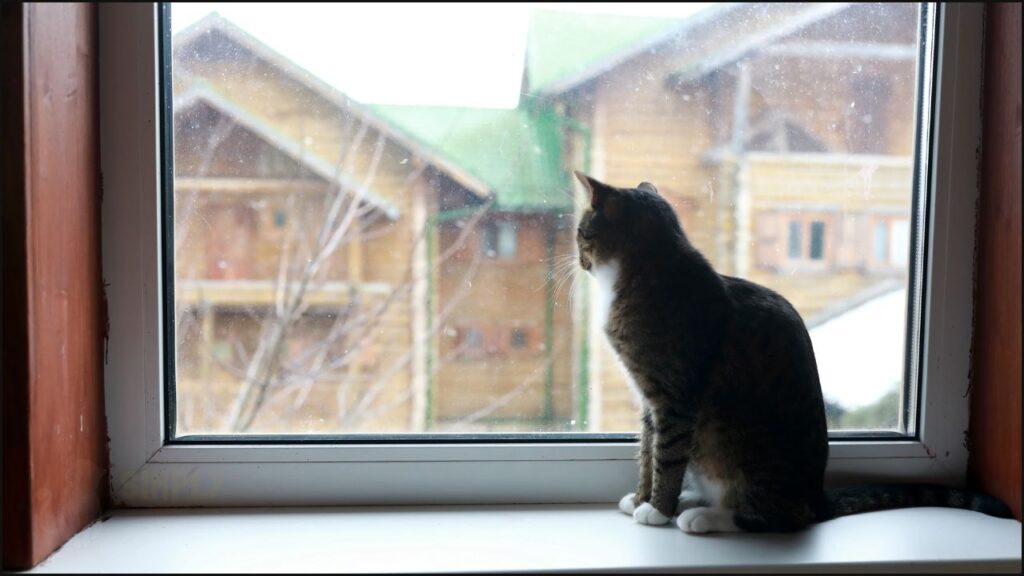 A cat looking out a window, which provides a form of enrichment.