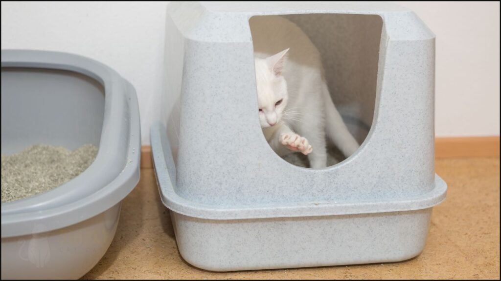 A cat using a litter box