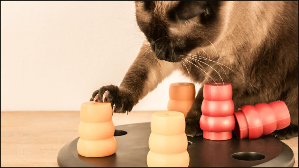 A cat with a puzzle feeder.