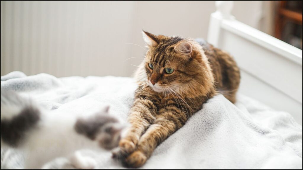 Two cats laying on a bed