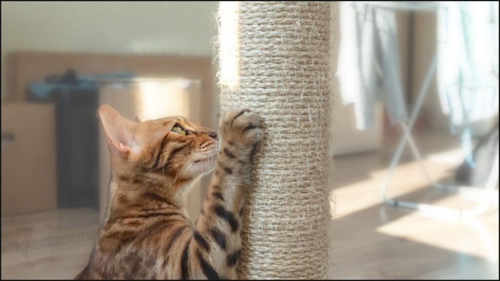 A cat scratching a post