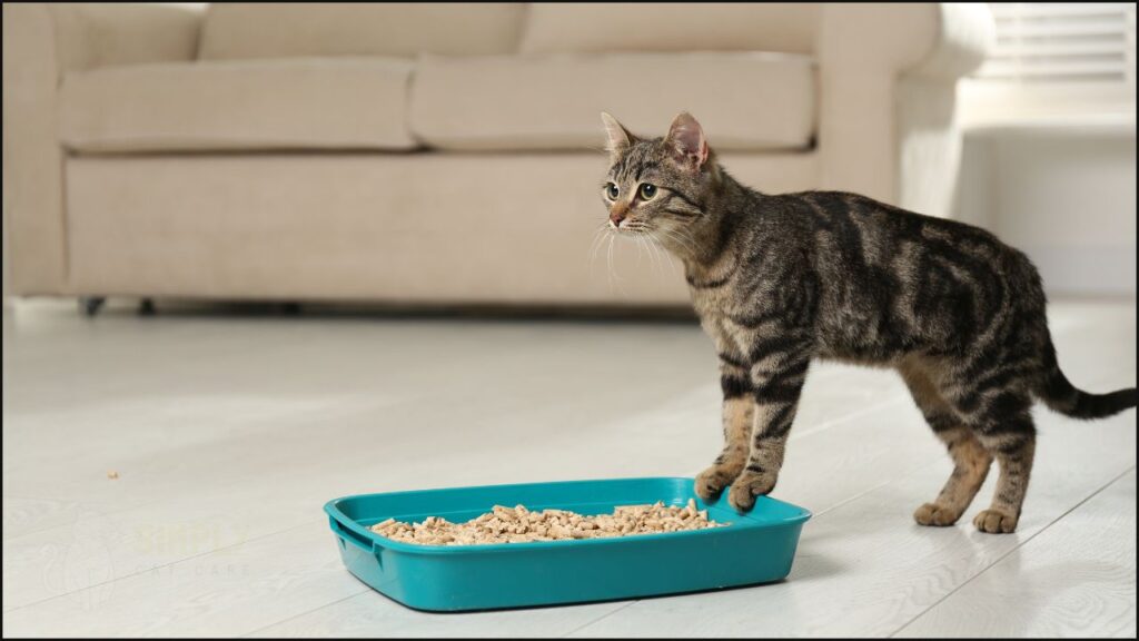 A cat using a litter tray