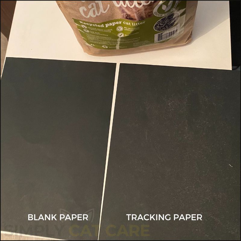 A photo showing the tracking of Scrunch and Sticks recycled paper cat litter on paper (C) Simply Cat Care