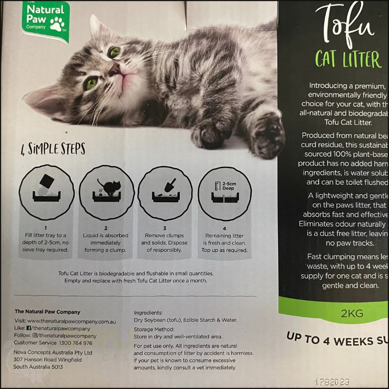 Back label of Natural Paw Company tofu cat litter (C) Simply Cat Care