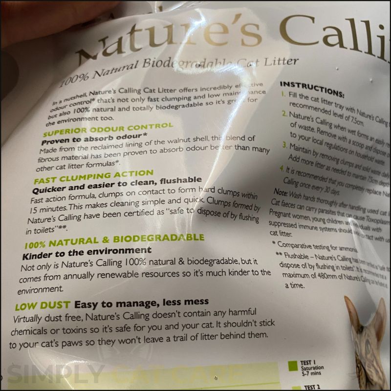 Back label of Applaws Nature's calling cat litter (C) Simply Cat Care