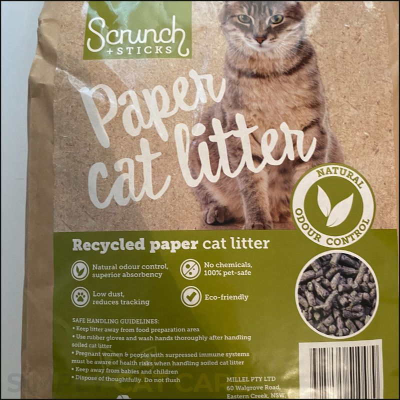 Front label of Scrunch and Sticks paper cat litter (C) Simply Cat Care