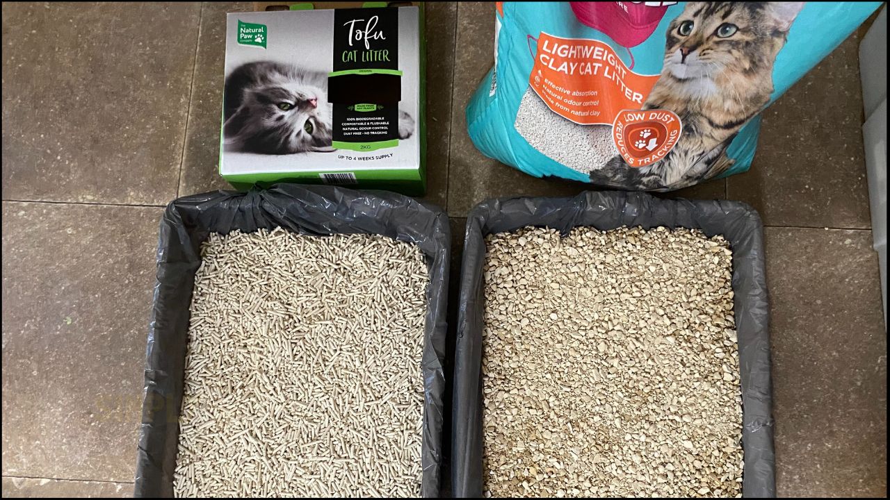 Natural Paw Company tofu cat litter side-by-side comparison with clay cat litter (C) Simply Cat Care