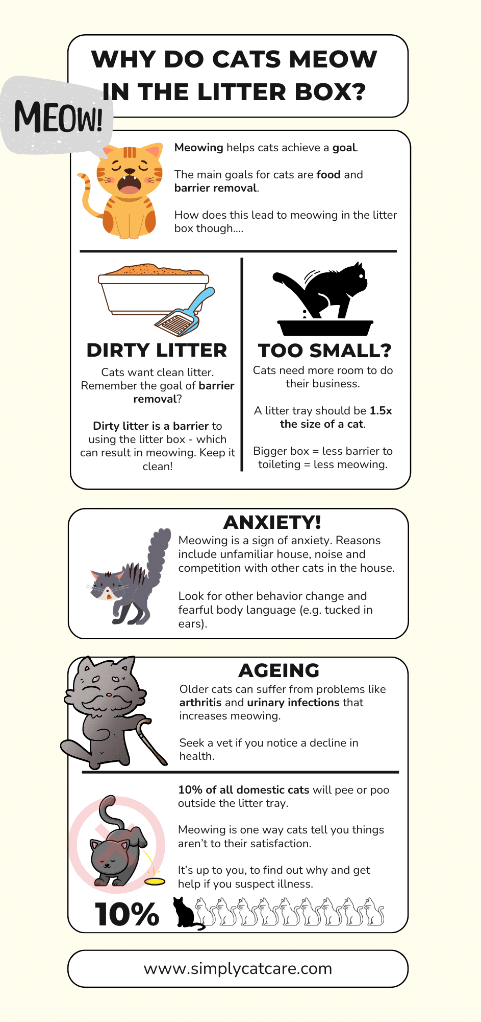 An infographic on "Why Does My Cat Meow in The Litter Box?"