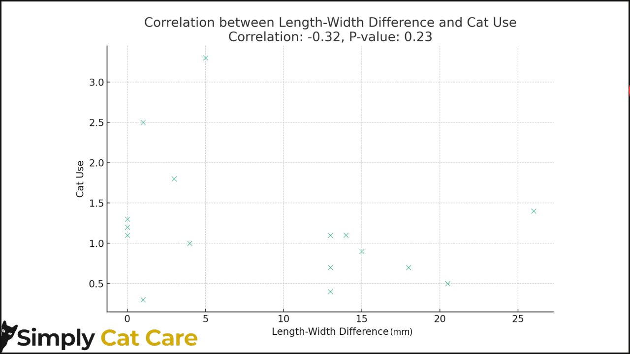A scatter plot comparing cat litter length to width difference (mm) to cat usage (i.e. how many deposits left in the litter tray) and the correlation between the two.